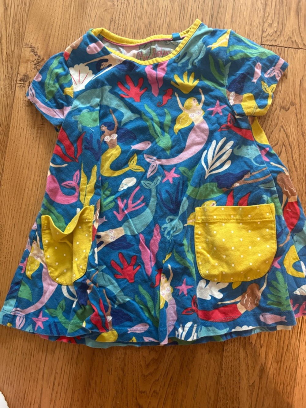 Mini Boden Mermaid Print Twirl Tunic with Yellow Patch Pockets size 3/4